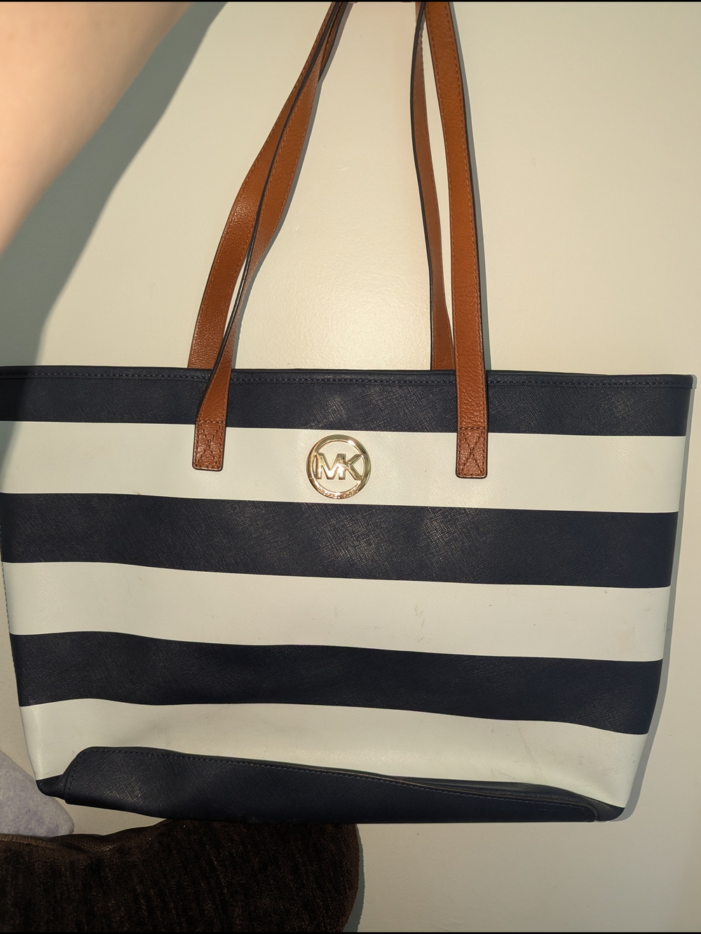 Michael Kors Navy & White Striped Tote with Brown Leather Straps